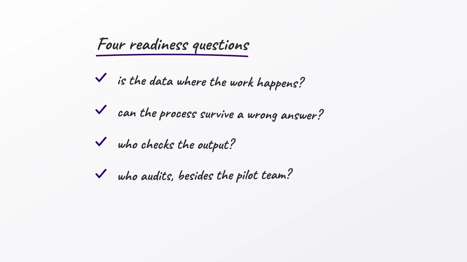 Hand-drawn whiteboard sketch: Four readiness questions; is the data where the work happens?; can the process survive a wrong answer?; who checks the output?; who audits, besides the pilot team?